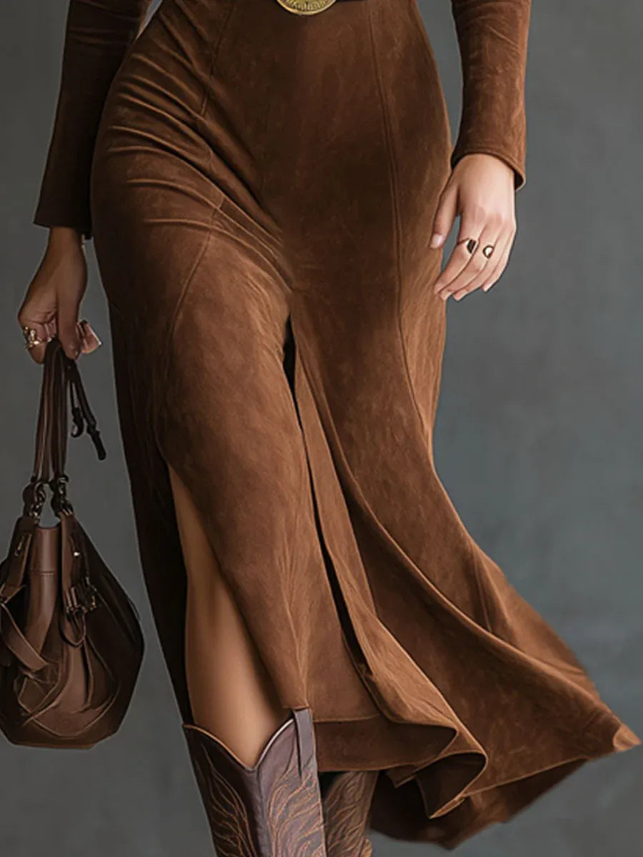 Eleanor dames imitatiesuède midi-jurk
