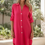 Fuchsia shirtjurk voor dames met kraag, knoopsluiting en opgerolde mouwen