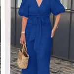 Elegante midi jurk voor dames met diepe V-hals, knoopdetail en pofmouwen
