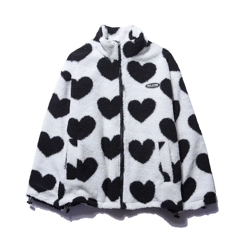 Omkeerbare fleece jas met hartjesprint, hoge kraag en rits in zachte fleece voor dames