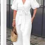 Elegante midi jurk voor dames met diepe V-hals, knoopdetail en pofmouwen