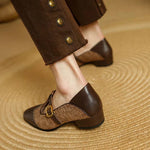 Vintage schoenen met T-bandjes, gouden gesp en lage hak in een klassieke bruine tint