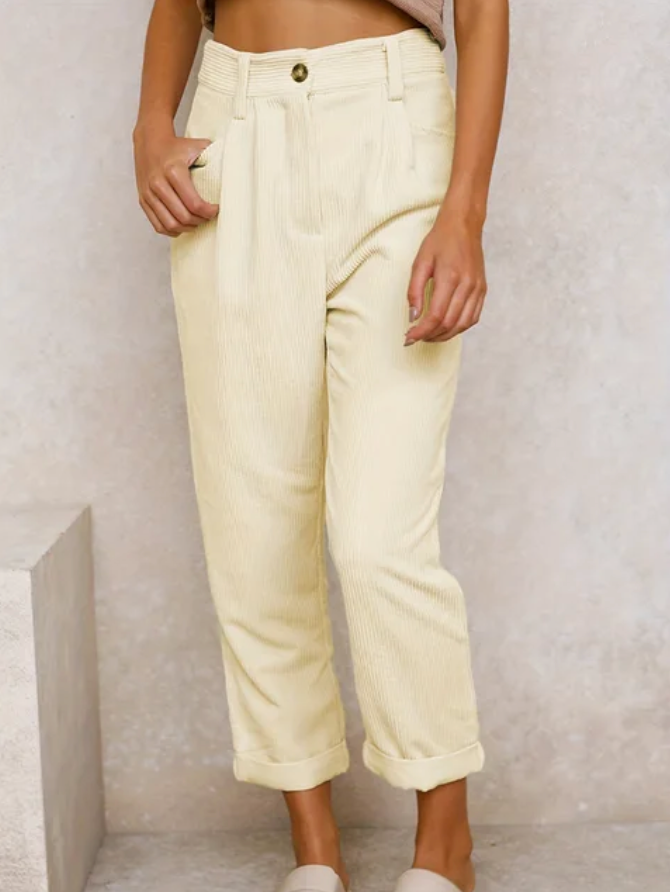 Tijdloze casual damesbroek met hoge taille, ruime pasvorm en diepe steekzakken