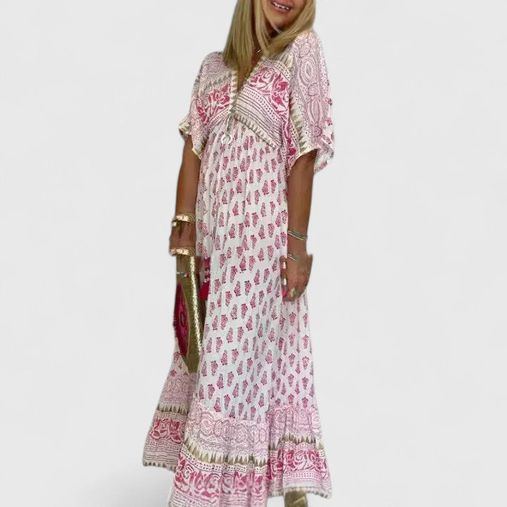 Lange comfortabele maxi jurk met kleurrijke boho print en ruime luchtige val
