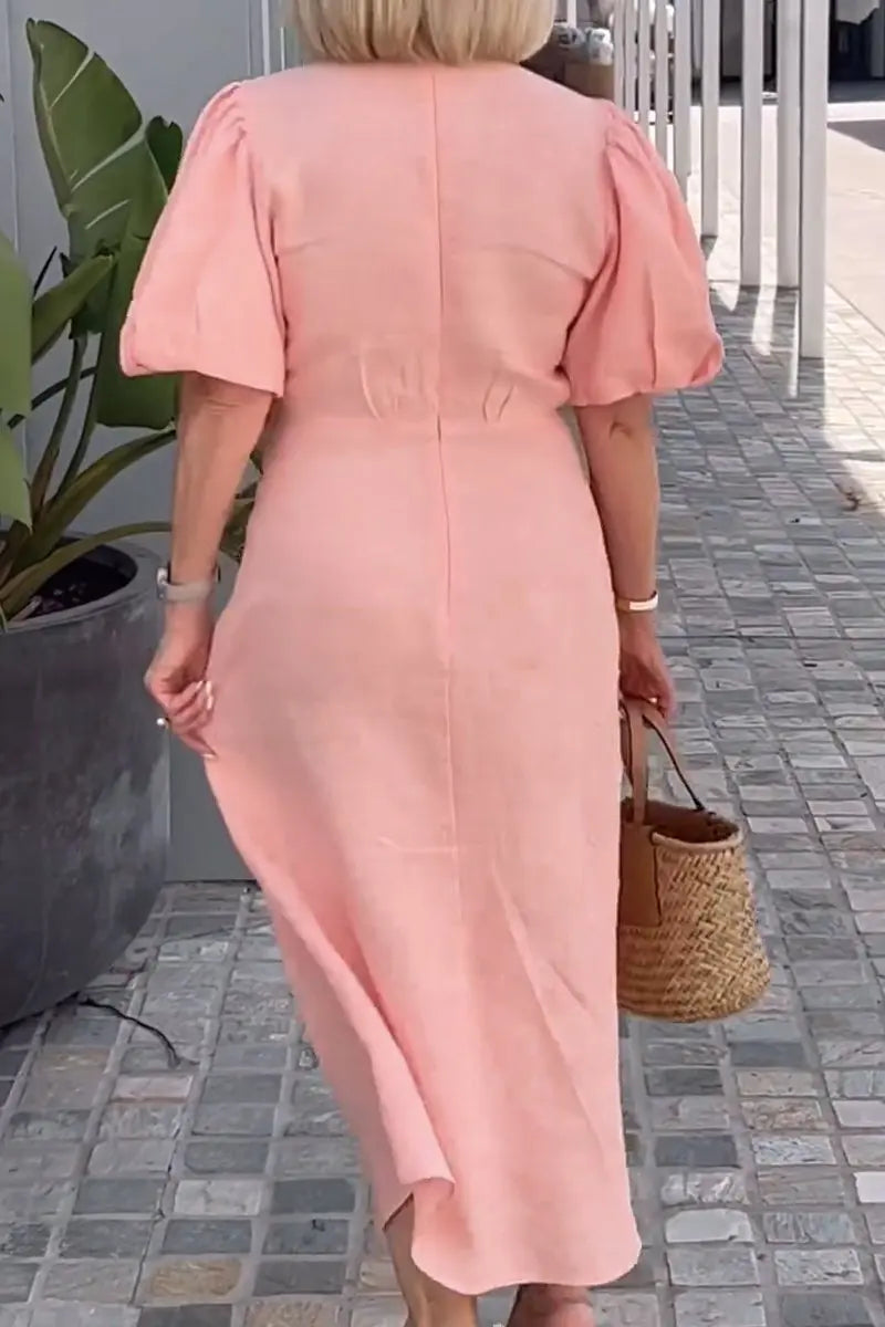 Elegante midi jurk voor dames met diepe V-hals, knoopdetail en pofmouwen