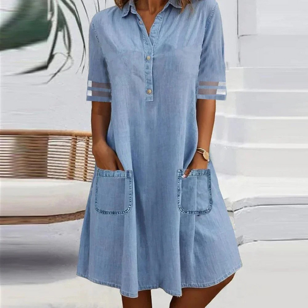 Casual denim jurk voor dames met kraag, knoopsluiting en opgestikte voorzakken