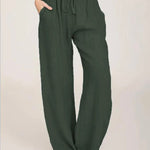 Lichtgewicht damesbroek van katoen en linnen in effen kleur met elastische band en steekzakken