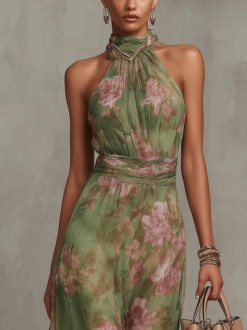 Aafke maxi-jurk met bloemenprint en halternek
