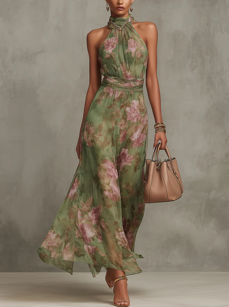 Aafke maxi-jurk met bloemenprint en halternek