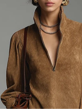 Florence dames mini-jurk met col en suèdelook