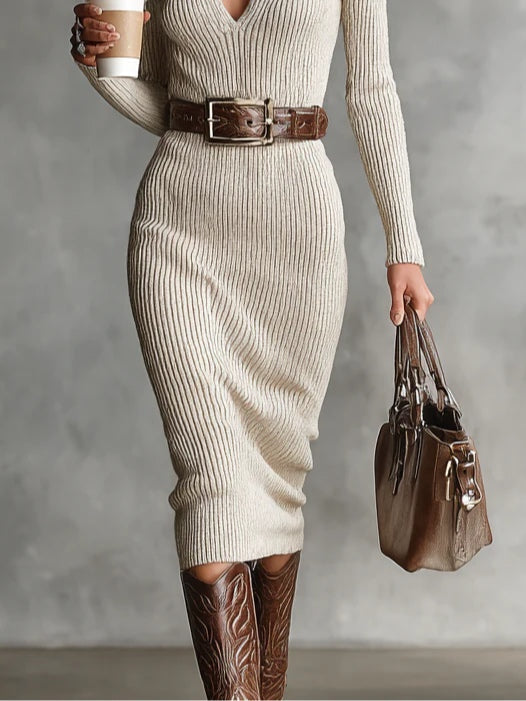 Clara dames gebreide midi-jurk met ceintuur