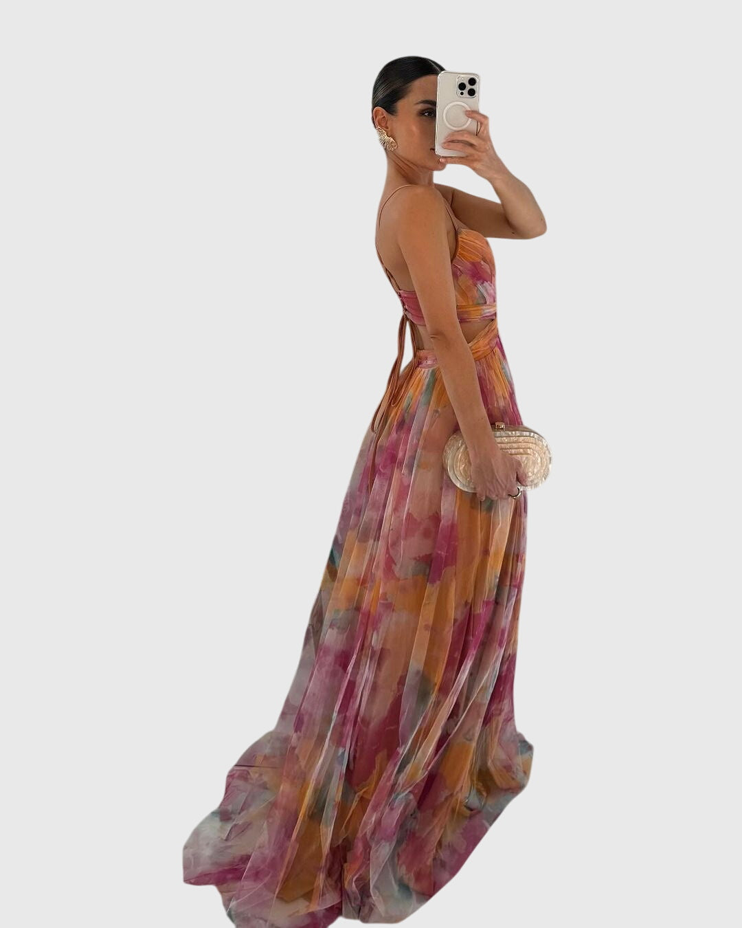 Lange maxi jurk met romantische bloemenprint, hoge taille en gekruiste bandjes