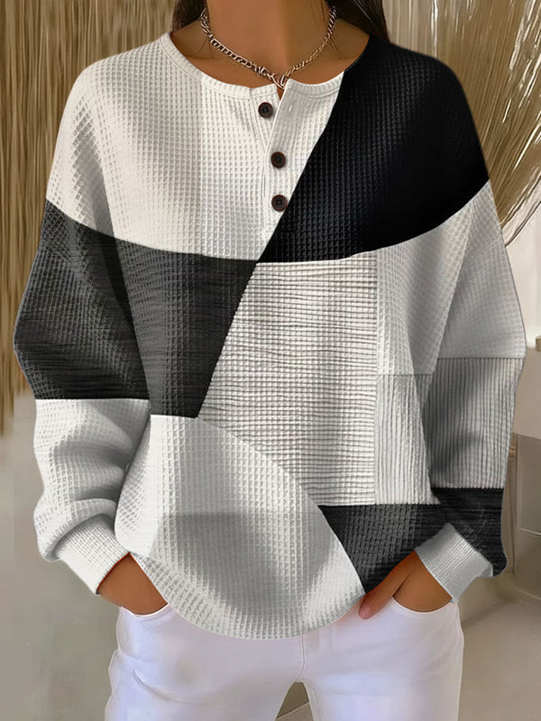 Francis dames trui met geometrisch patroon en henley-knoopsluiting