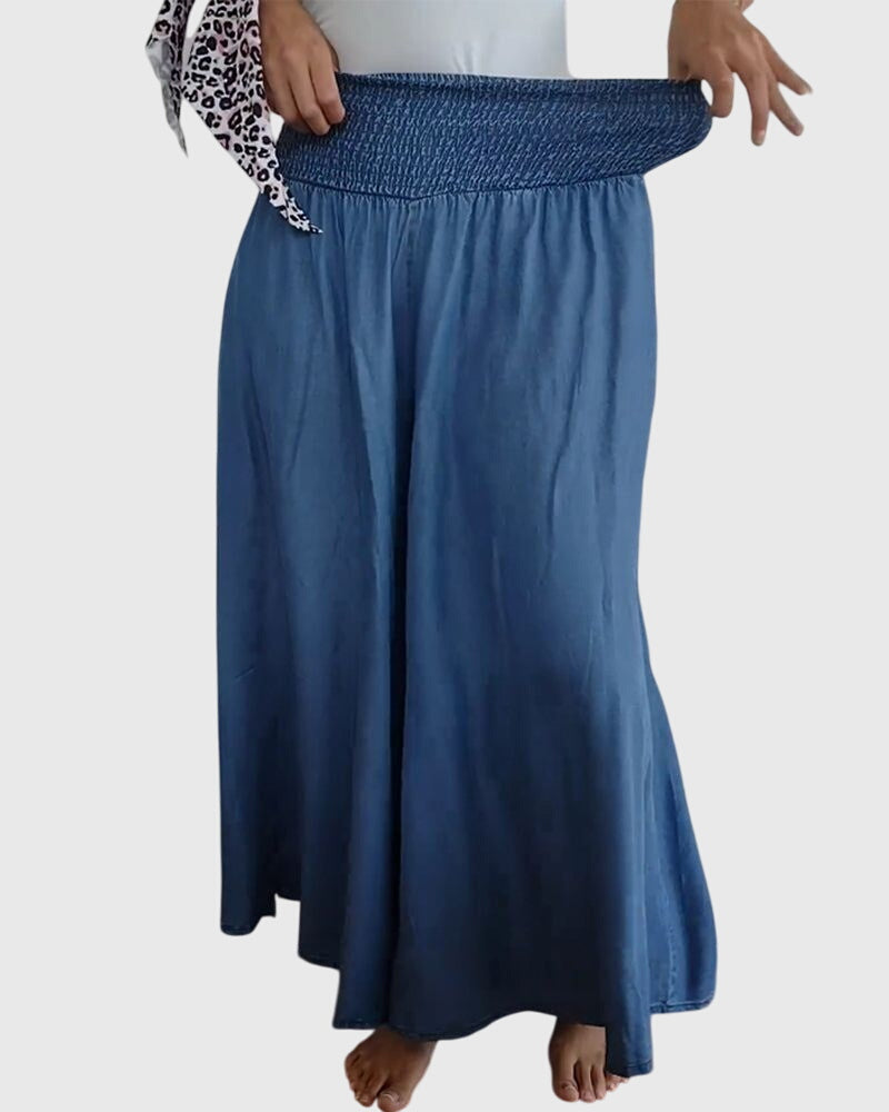 Comfortabele dames broek in denimlook met hoge elastische taille en wijde pijpen