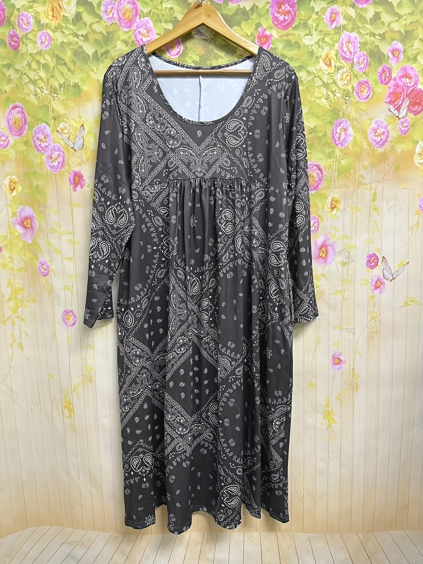 Casual midi jurk met lange mouwen, bloemenprint en soepel vallende wijde rok