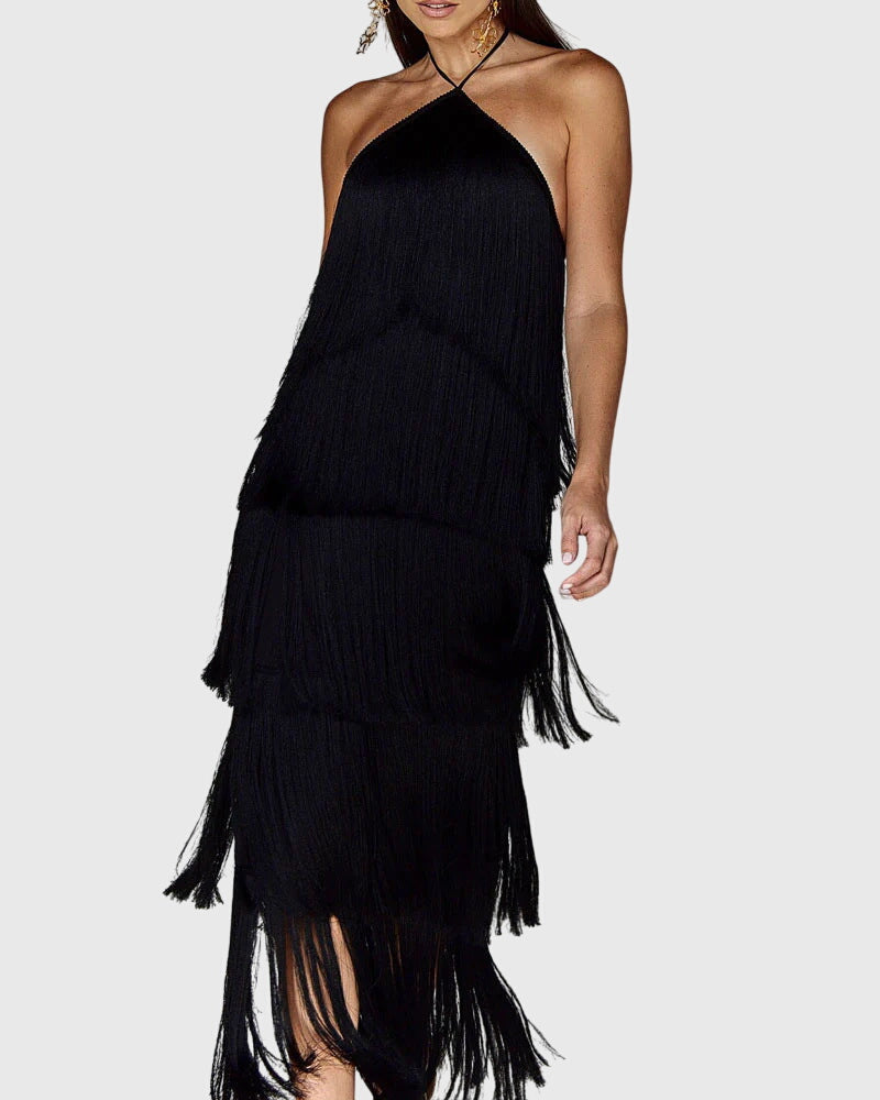Elegante jurk met franjes, halternek en open rug voor feestelijke gelegenheden