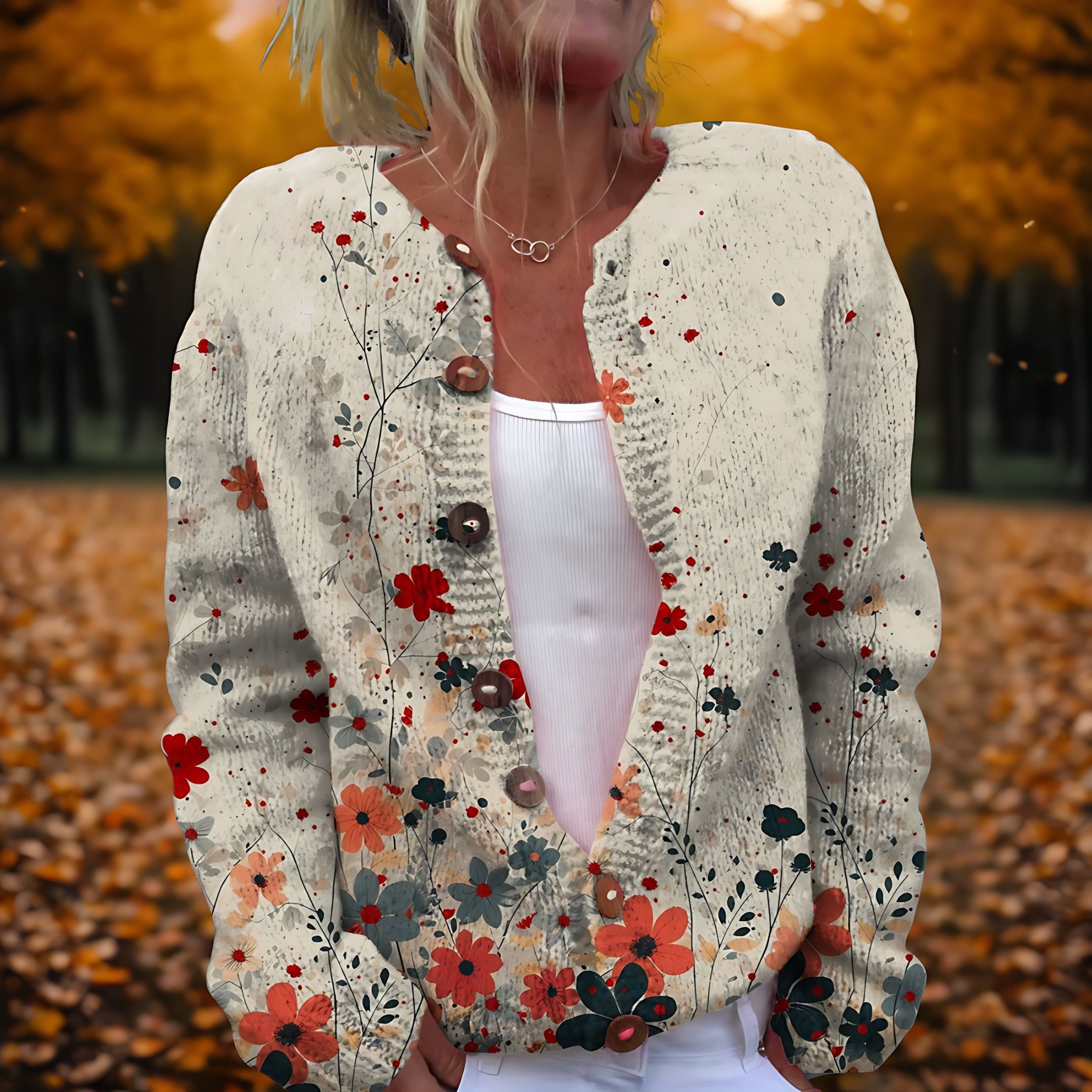 Gebreid vest met geborduurde bloemen voor dames, gedragen over een effen top en een jeans