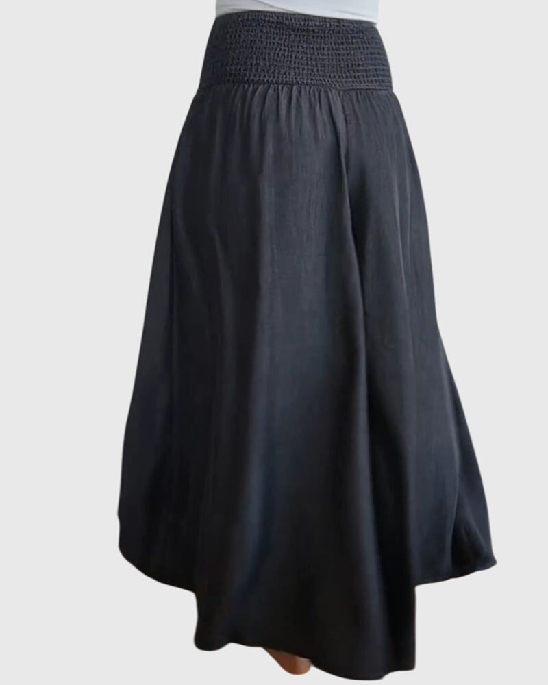 Comfortabele dames broek in denimlook met hoge elastische taille en wijde pijpen