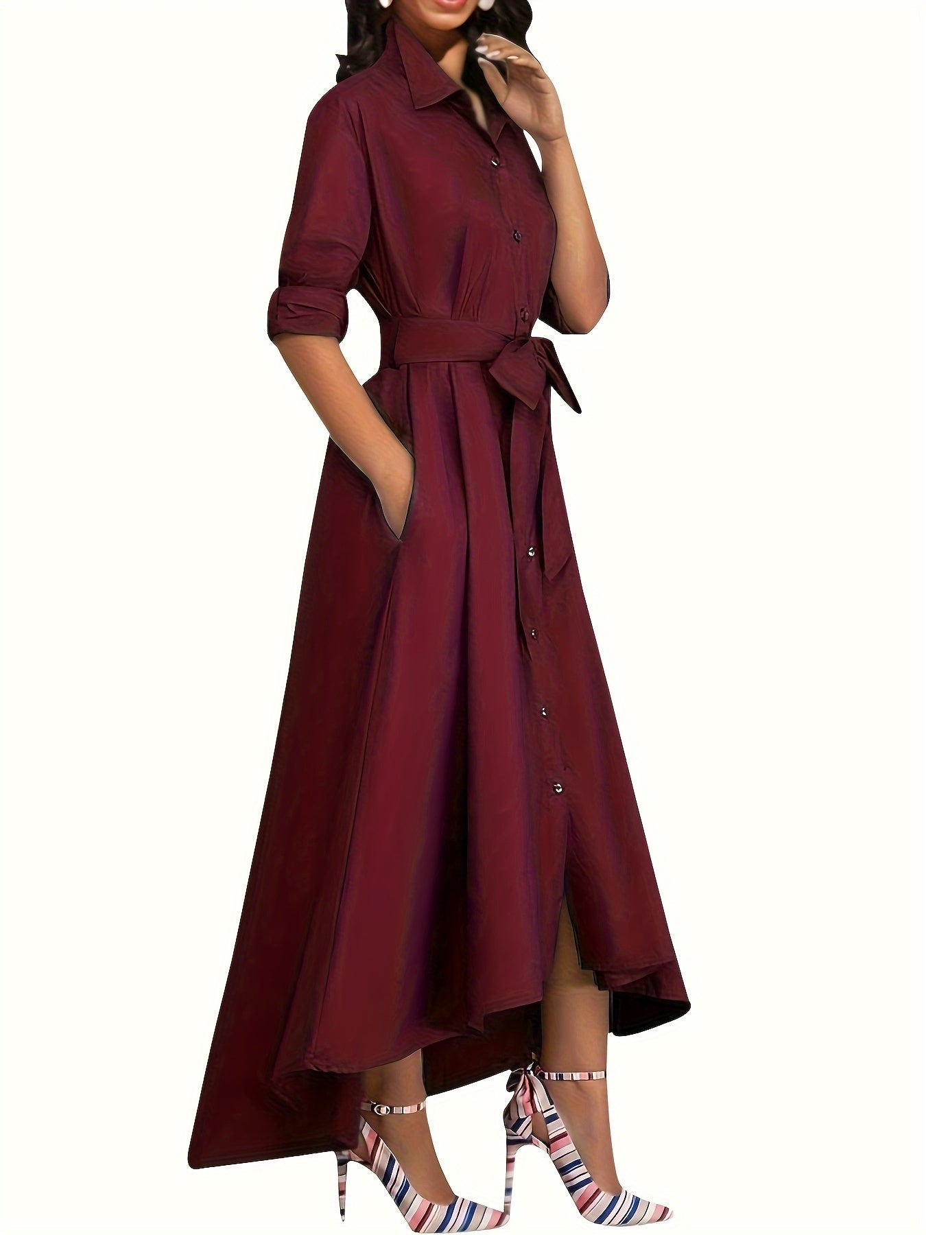 Vloeiende maxi knopjurk met gestrikte taille en knoopdetail aan de voorkant
