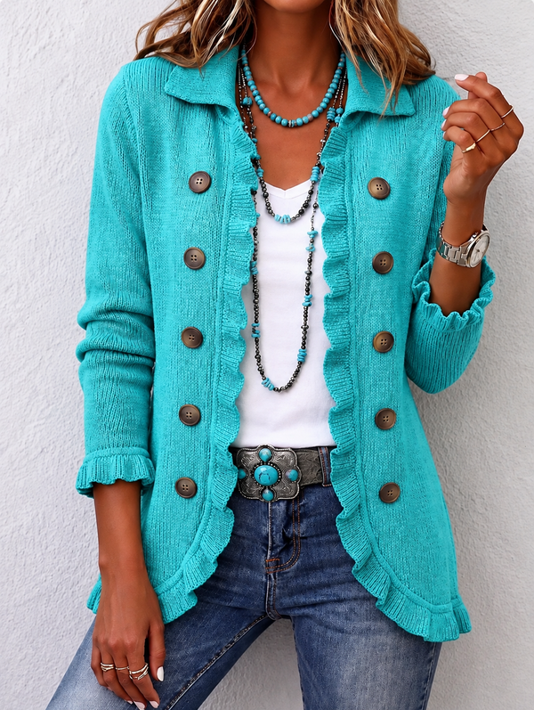 Lynn dames turquoise gebreid jasje met ruches