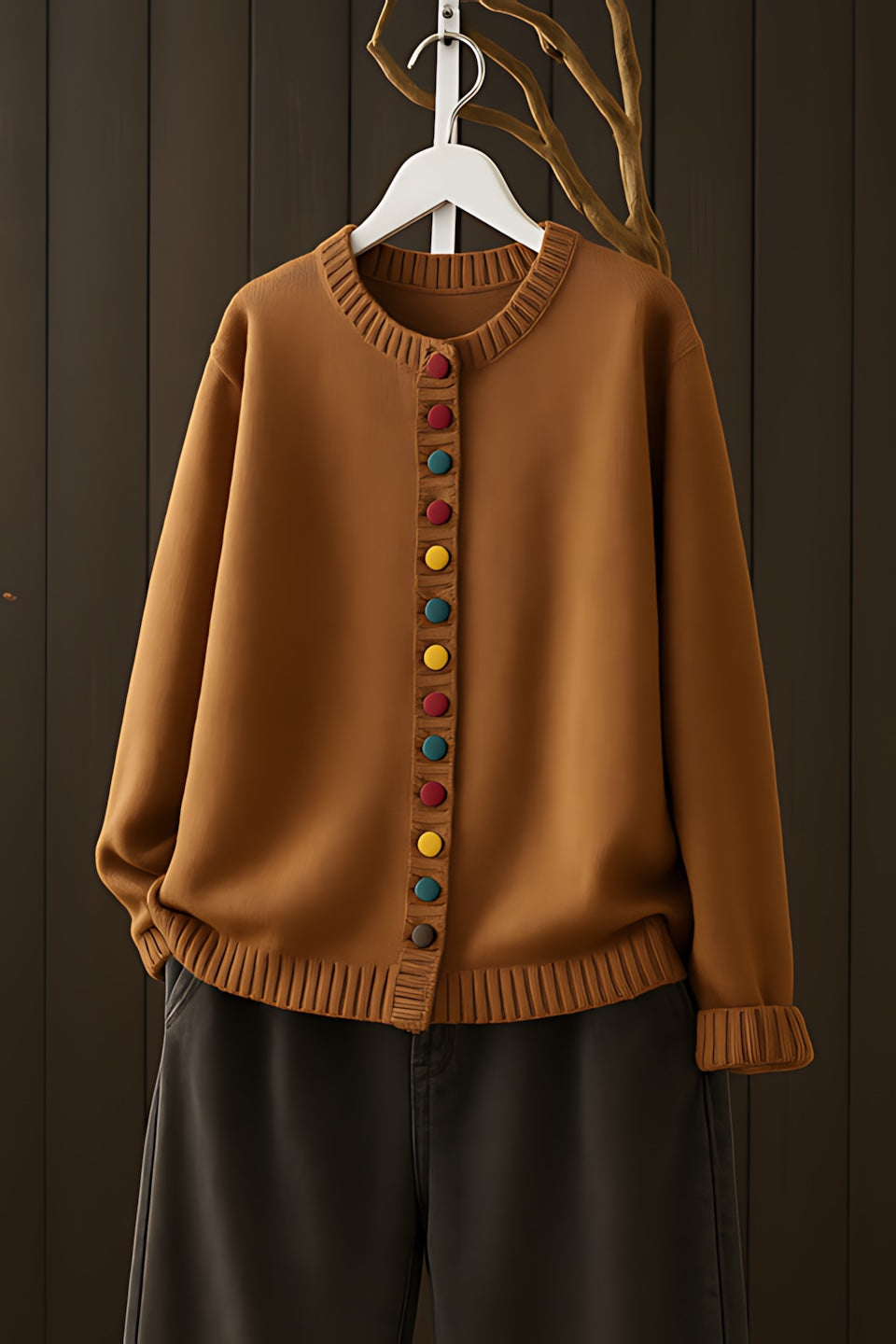 Gebreid vest met contrastknopen voor dames, gedragen over een effen top en een jeans