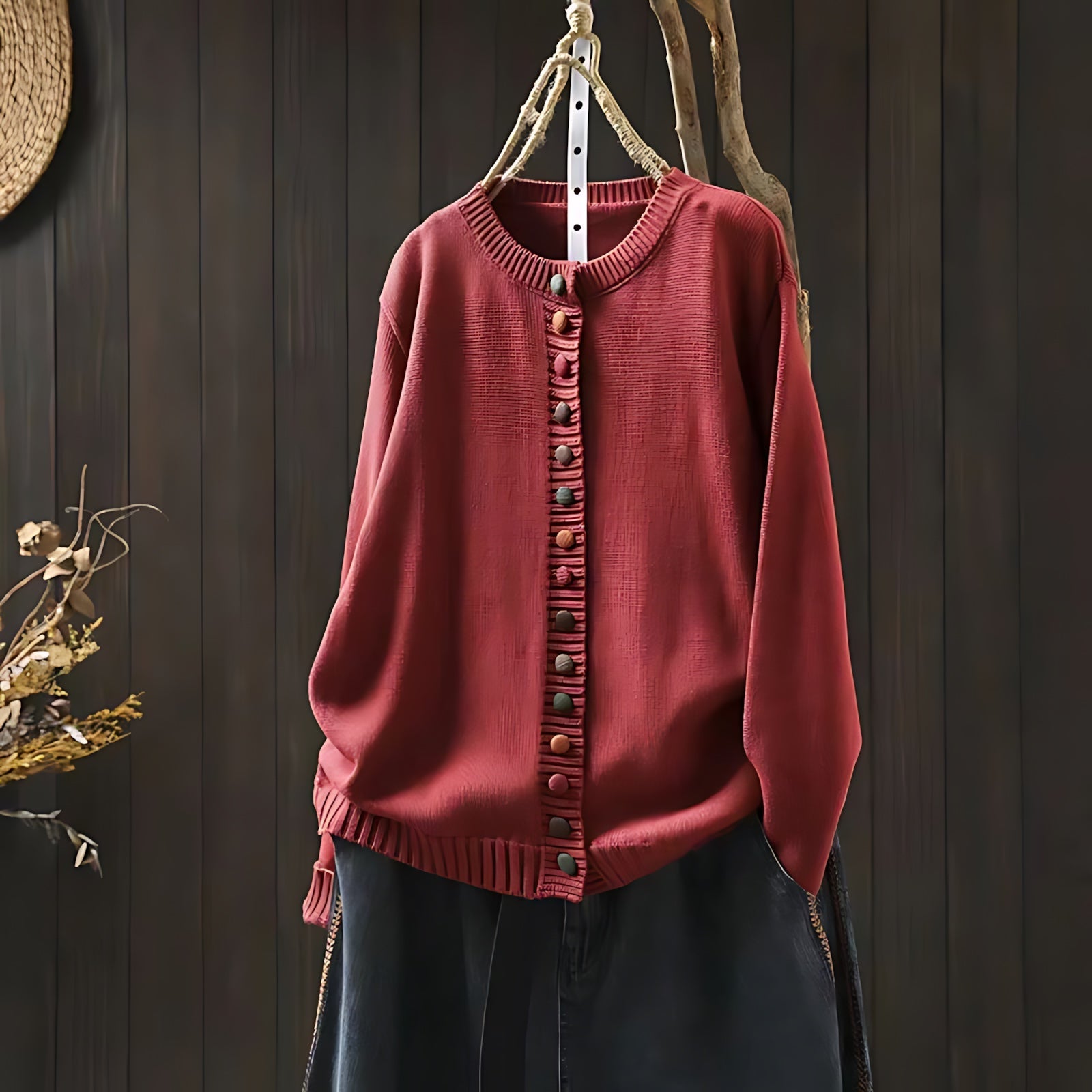 Gebreid vest met contrastknopen voor dames, gedragen over een effen top en een jeans