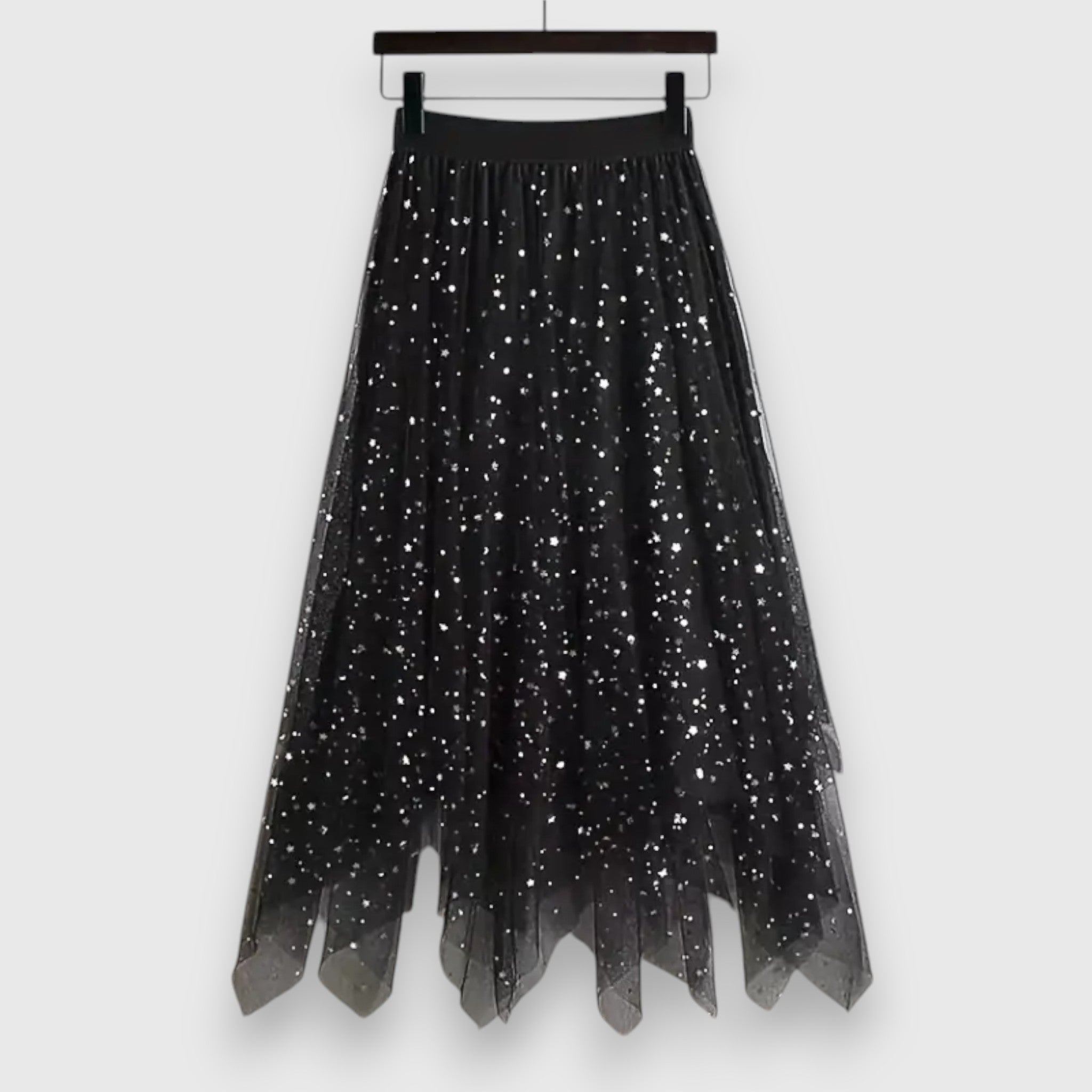 Feestelijke dames rok met hoge taille, ruche aan de zoom en glinsterende pailletten