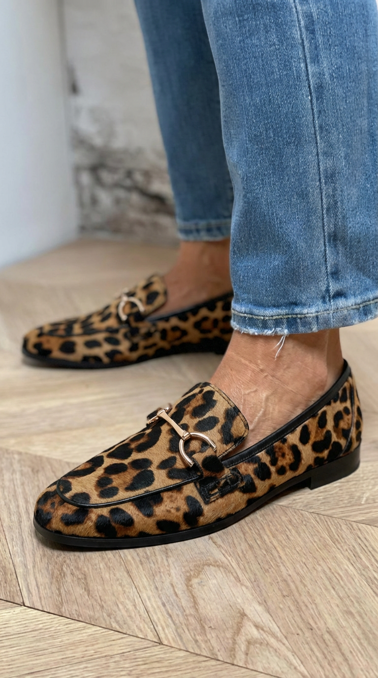 Dames mocassins met gedurfde luipaardprint in bruin en zwart, handgemaakt