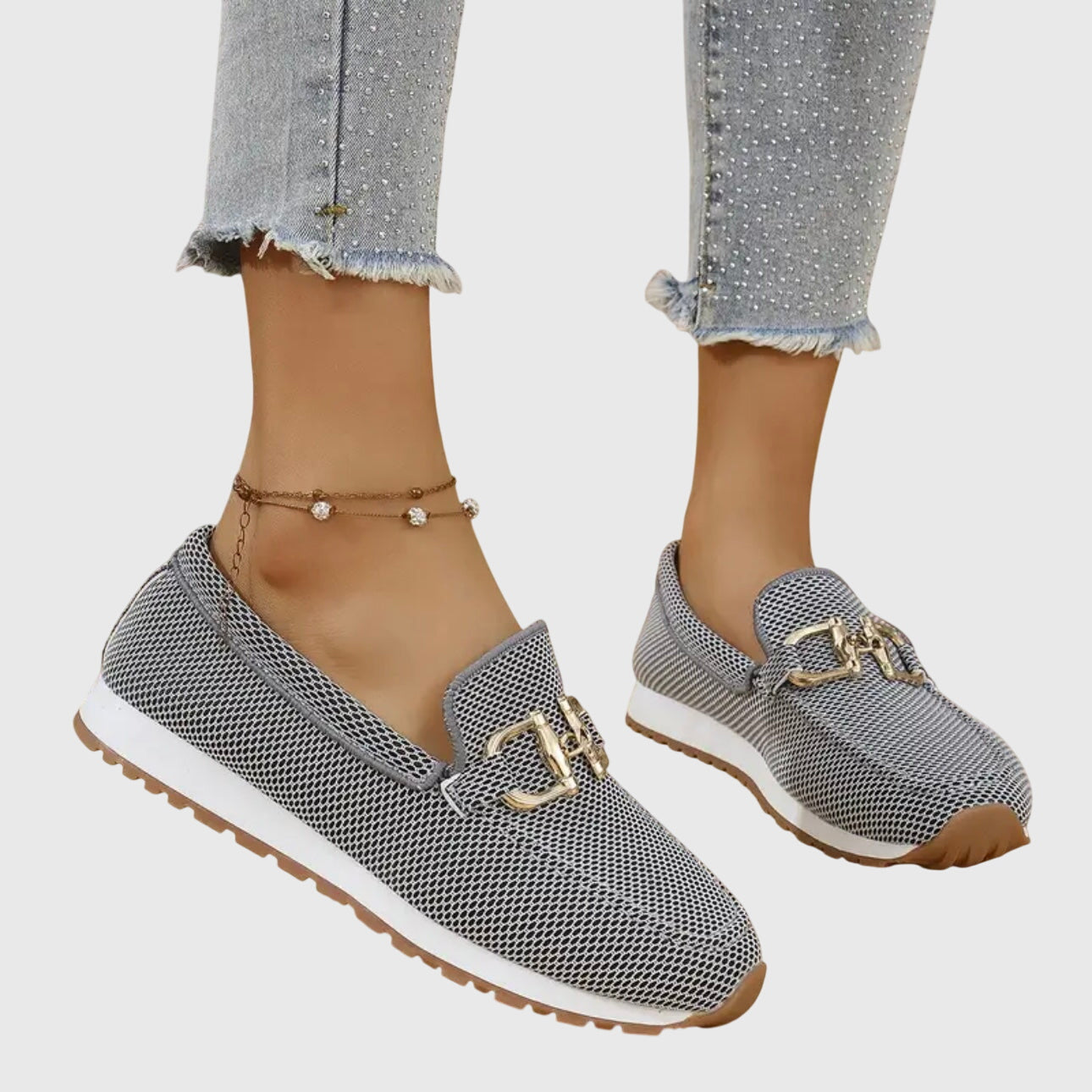 Orthopedische loafers voor dames met mesh bovenwerk, gouden bitdetail en antislipzool
