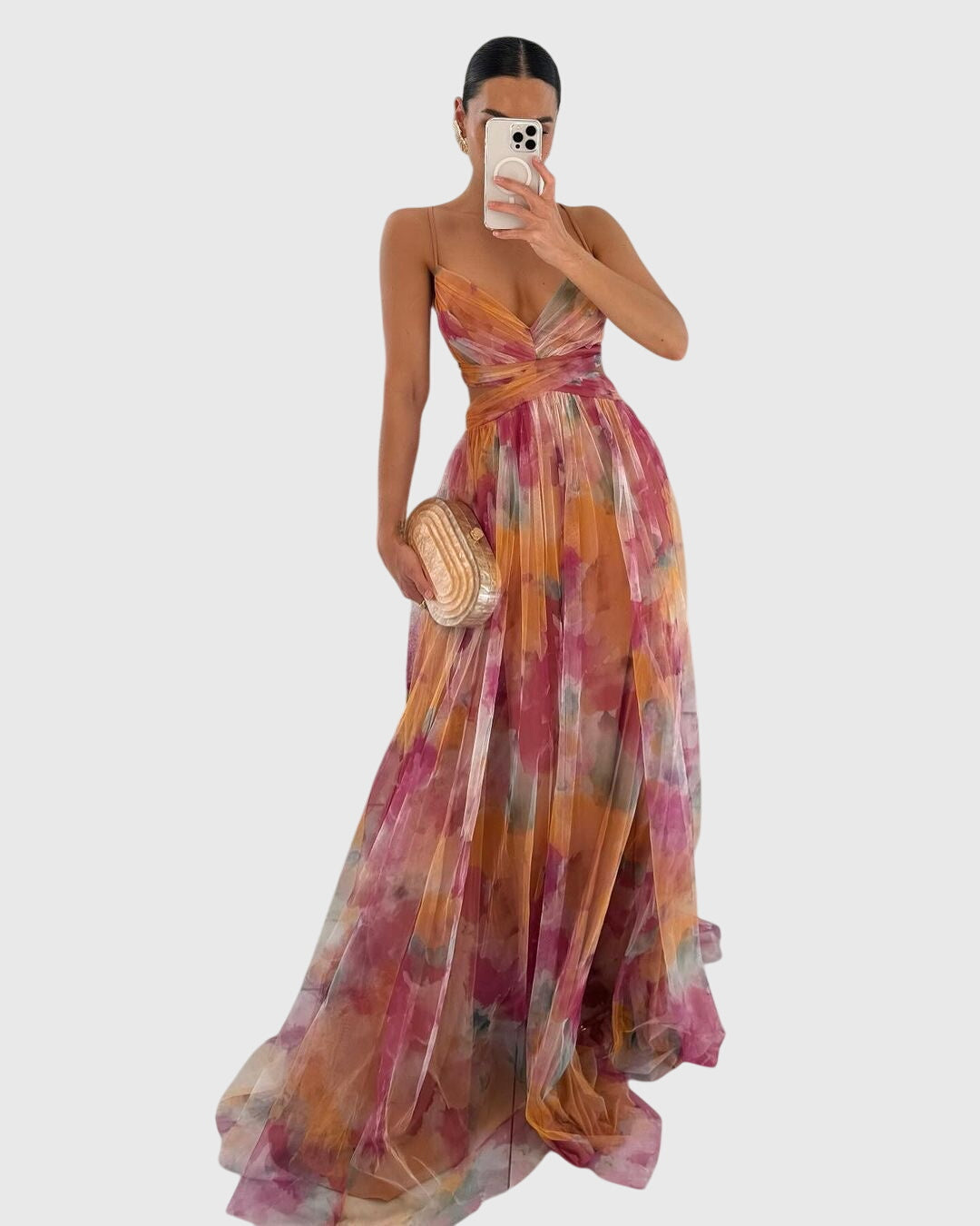 Lange maxi jurk met romantische bloemenprint, hoge taille en gekruiste bandjes