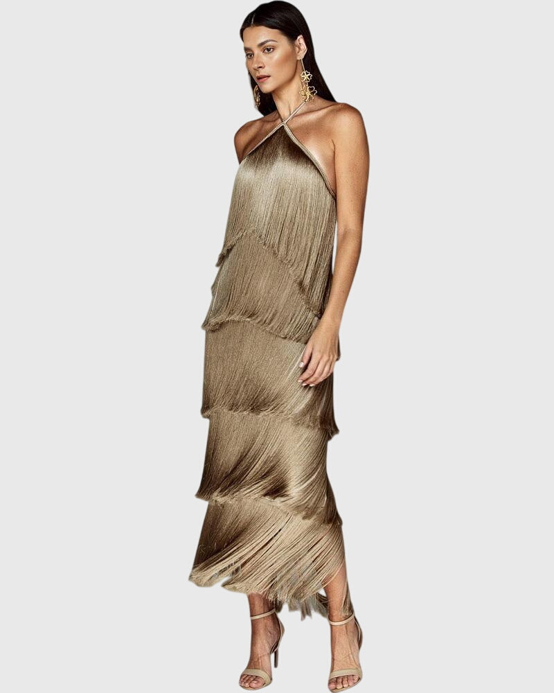 Elegante jurk met franjes, halternek en open rug voor feestelijke gelegenheden