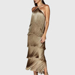 Elegante jurk met franjes, halternek en open rug voor feestelijke gelegenheden