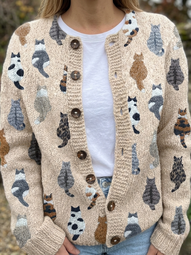 Anita dames gebreid vest met kattenprint