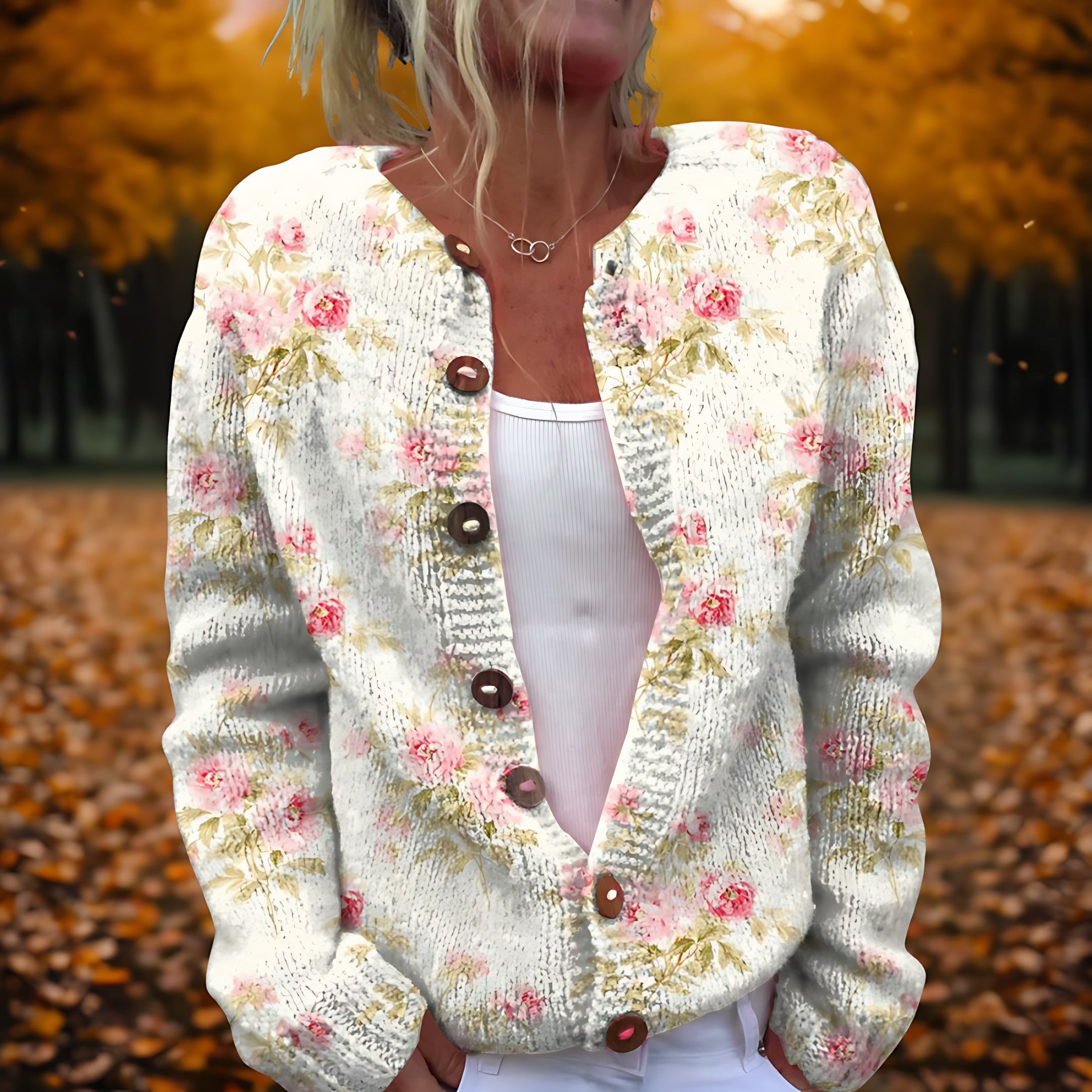 Donzig gebreid vest met bloemenprint voor dames, gedragen over een effen top en een jeans