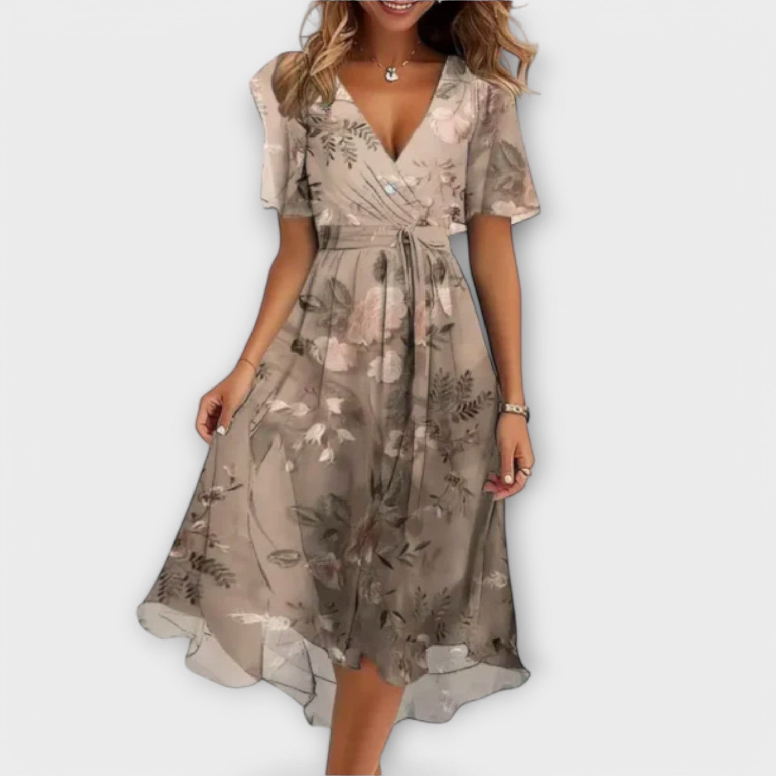 Elegante jurk met V-hals, aansluitend silhouet en soepel vallende nette stof