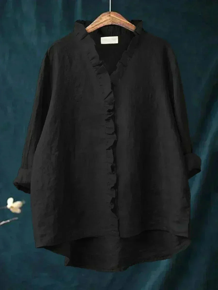 Lichte dames zomerblouse met verfijnd dessin en lange mouwen in ademende stof