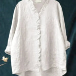 Lichte dames zomerblouse met verfijnd dessin en lange mouwen in ademende stof