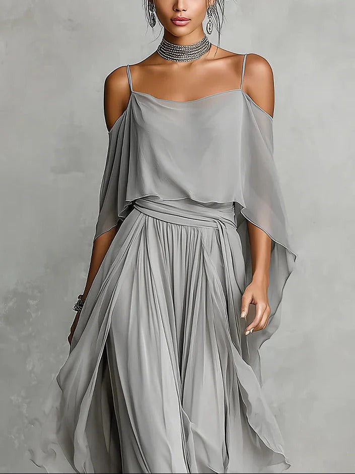 Freya dames chiffon tweedelige set met blote schouders