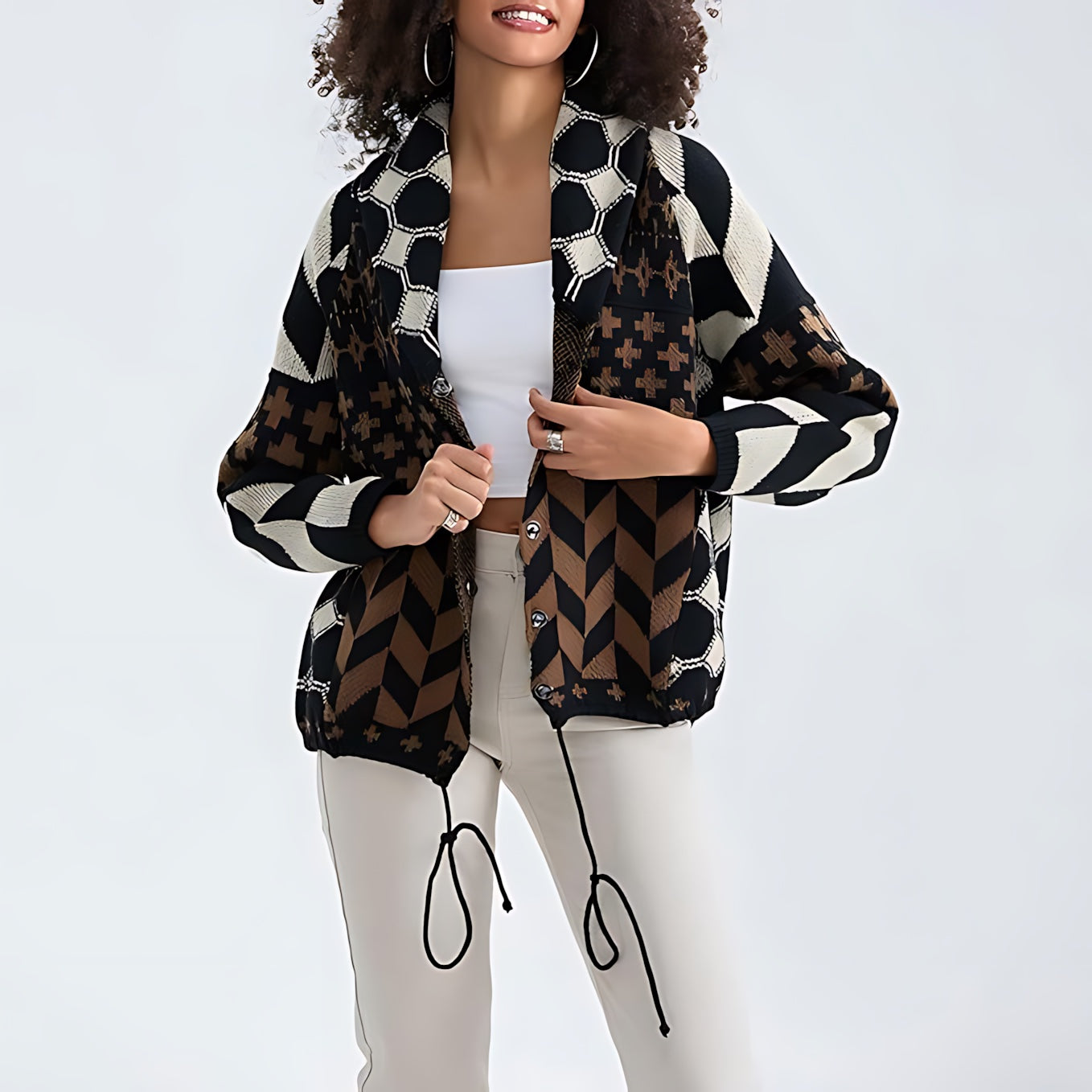 Open gebreid dames vest met geometrische print en lange mouwen in ruime pasvorm