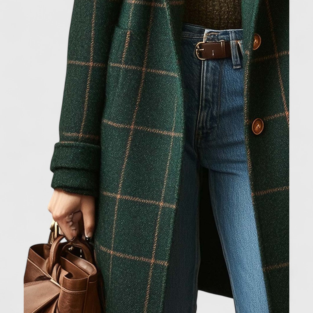 Lange mantel met donkergroene ruit en losse snit voor dames, ideaal voor herfst en winter