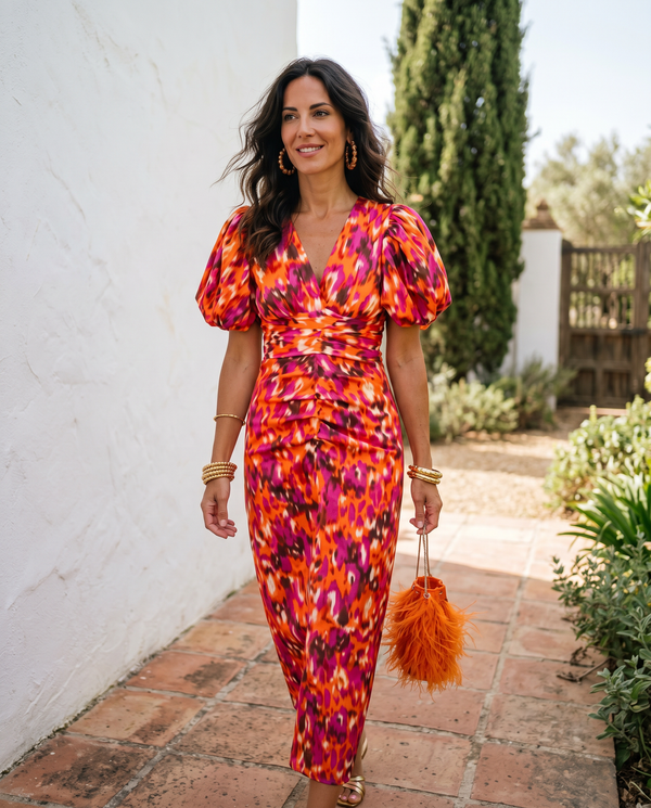Corine midi-jurk met bloemenprint en pofmouwen