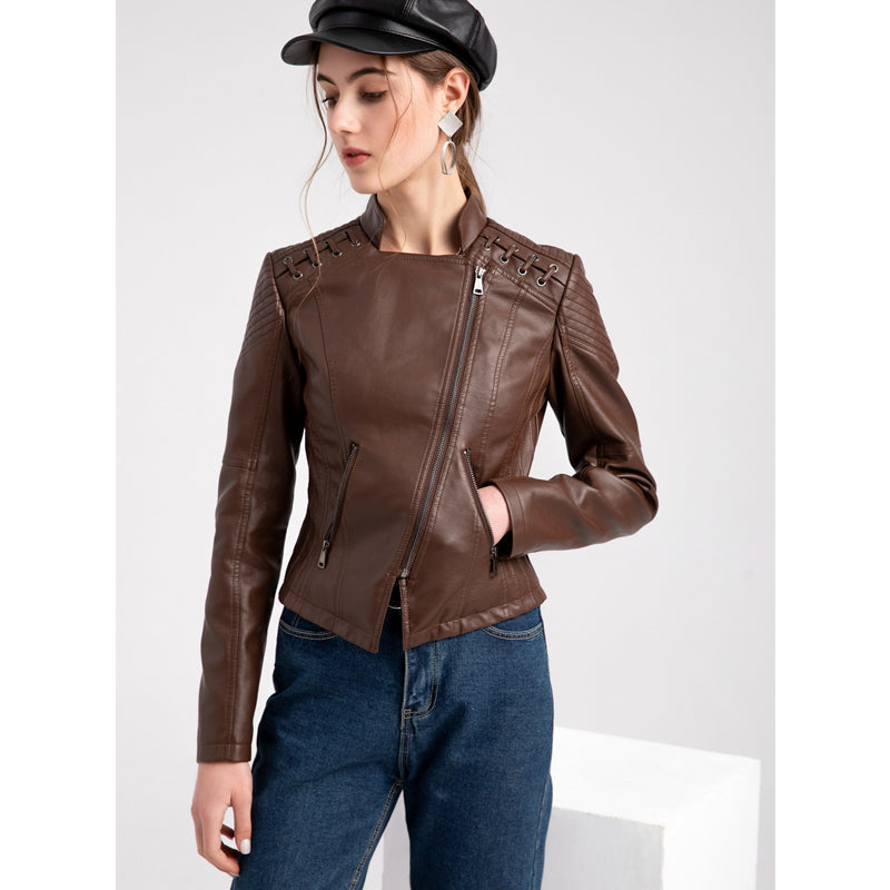 Dames bikerjas van imitatieleer met slanke snit, ritszakken en zachte voering