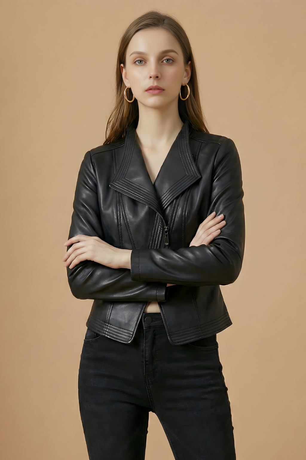 Getailleerd dames bikerjack van nepleer met asymmetrische ritssluiting
