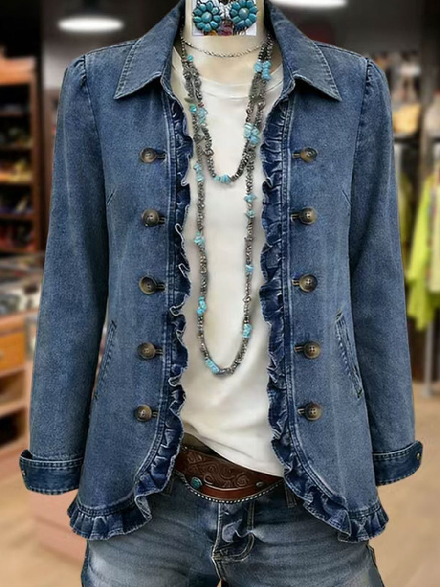 Noor dames middenblauw jasje met ruches