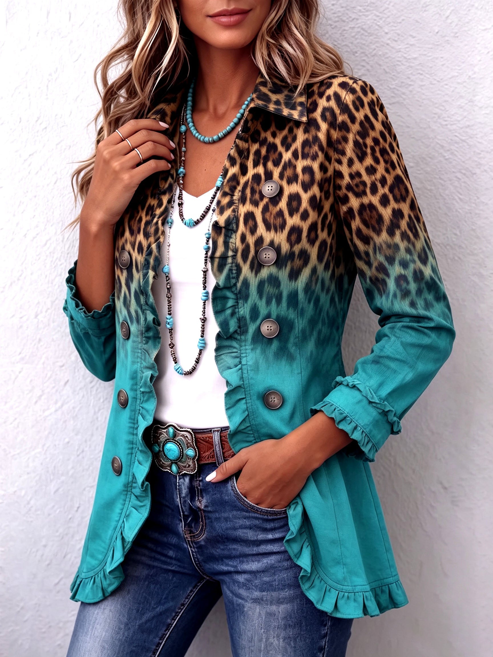 Fleur dames luipaardblazer met kleurverloop en ruches