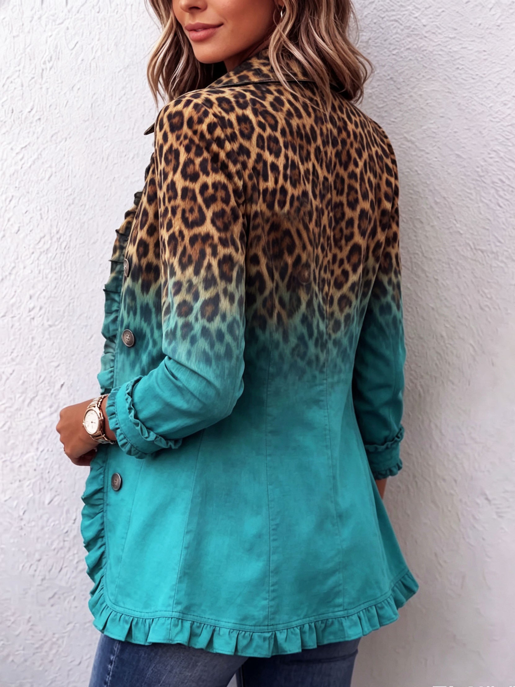 Fleur dames luipaardblazer met kleurverloop en ruches