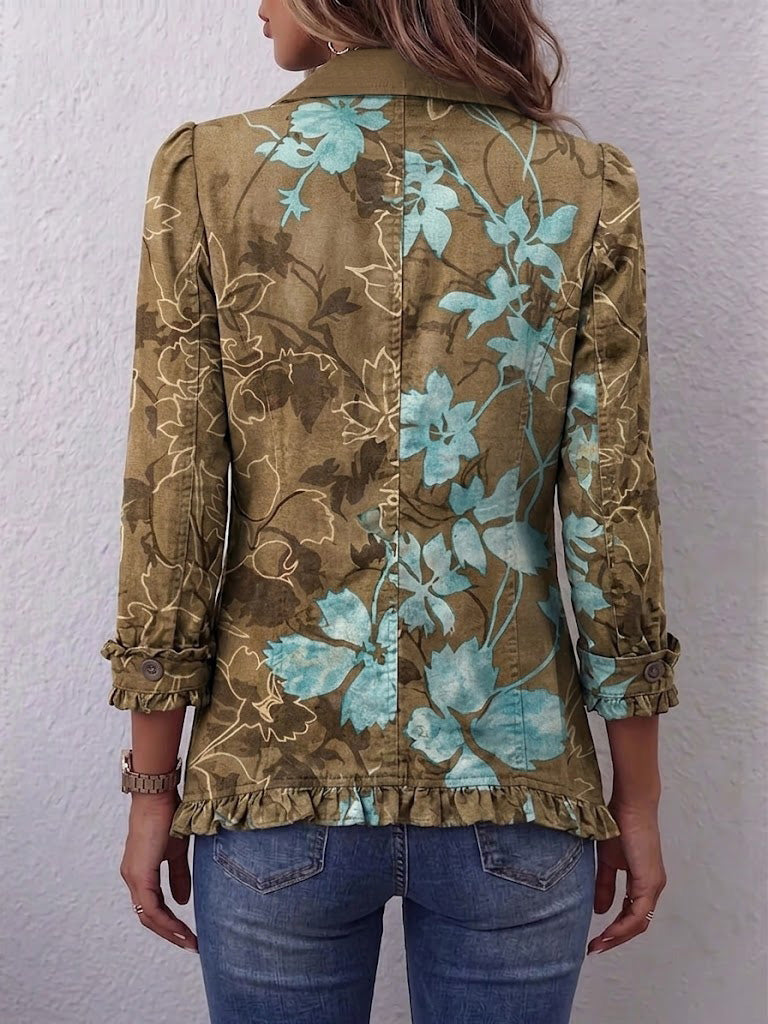 Yara dames olijf-turquoise bloemenjasje met ruches
