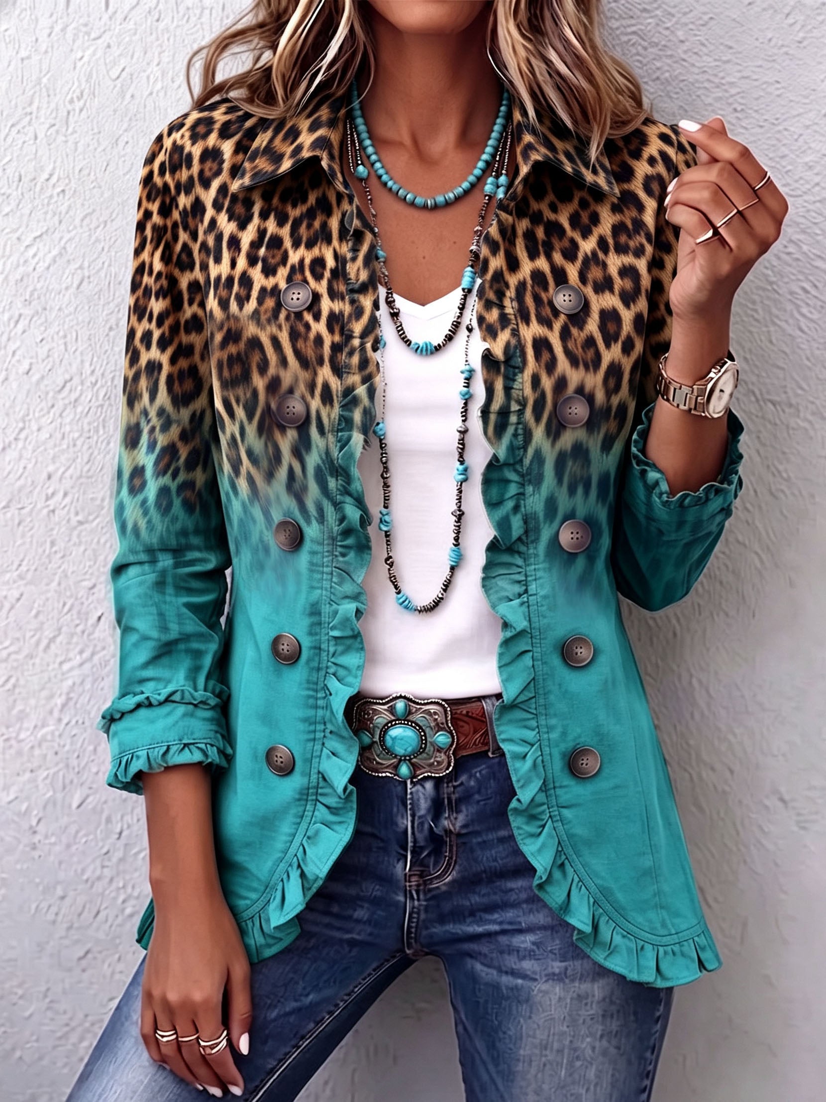 Fleur dames luipaardblazer met kleurverloop en ruches