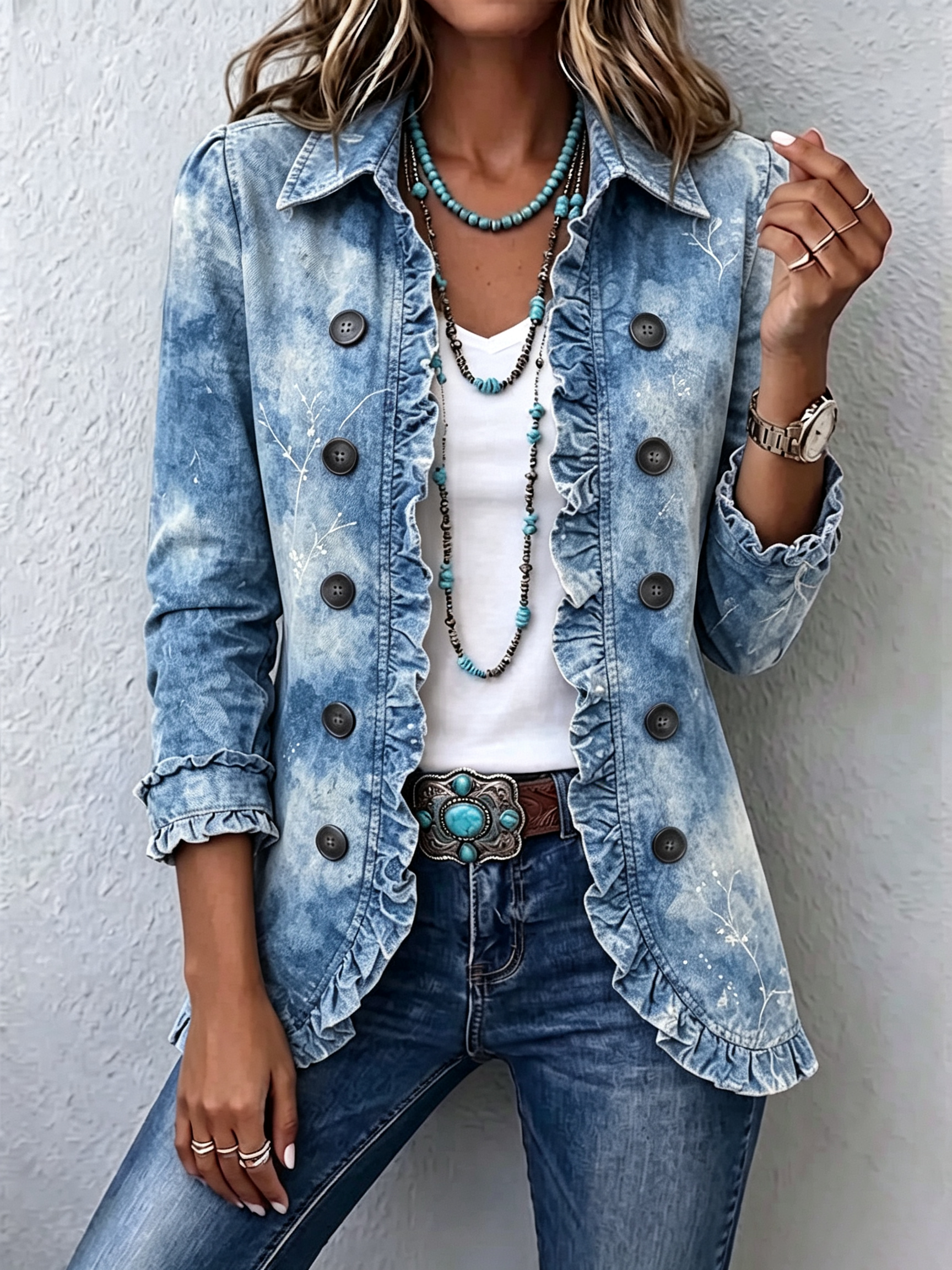 Maud dames blauw botanisch jasje met ruches