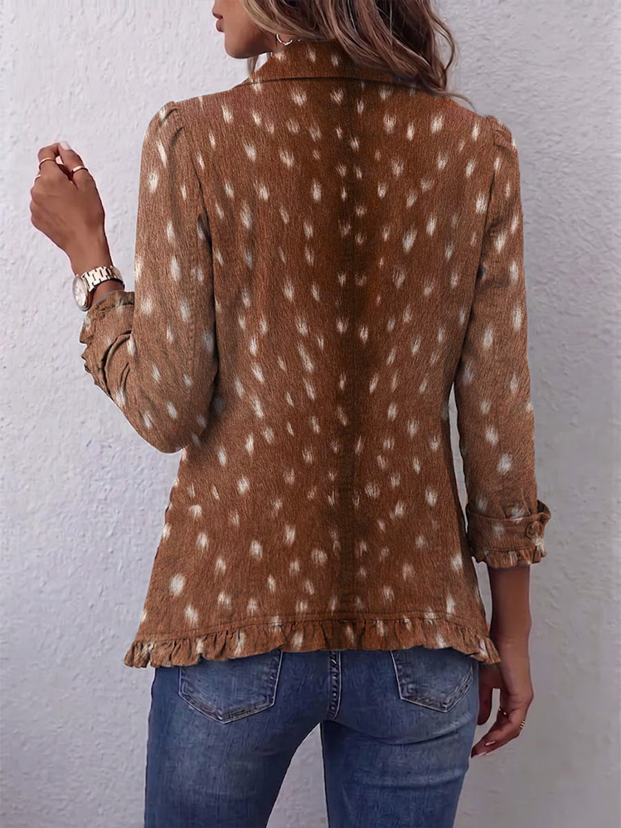 Nina dames bruin jasje met dierenprint en ruches